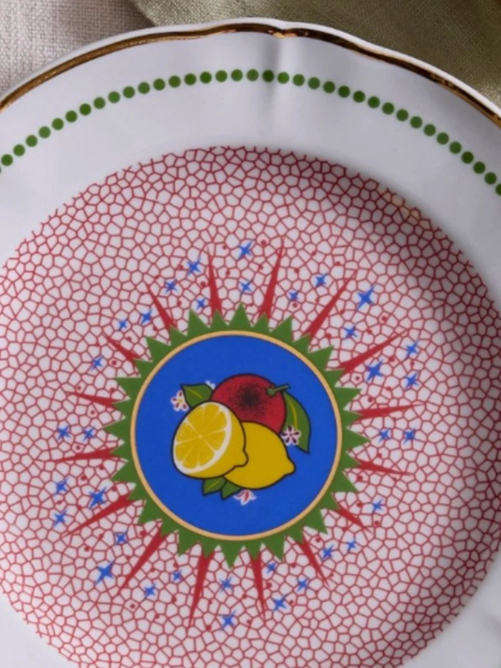 Anthropologie 24K Gold trim Lemon Medallion Salad Plate w pop art mosaic details
